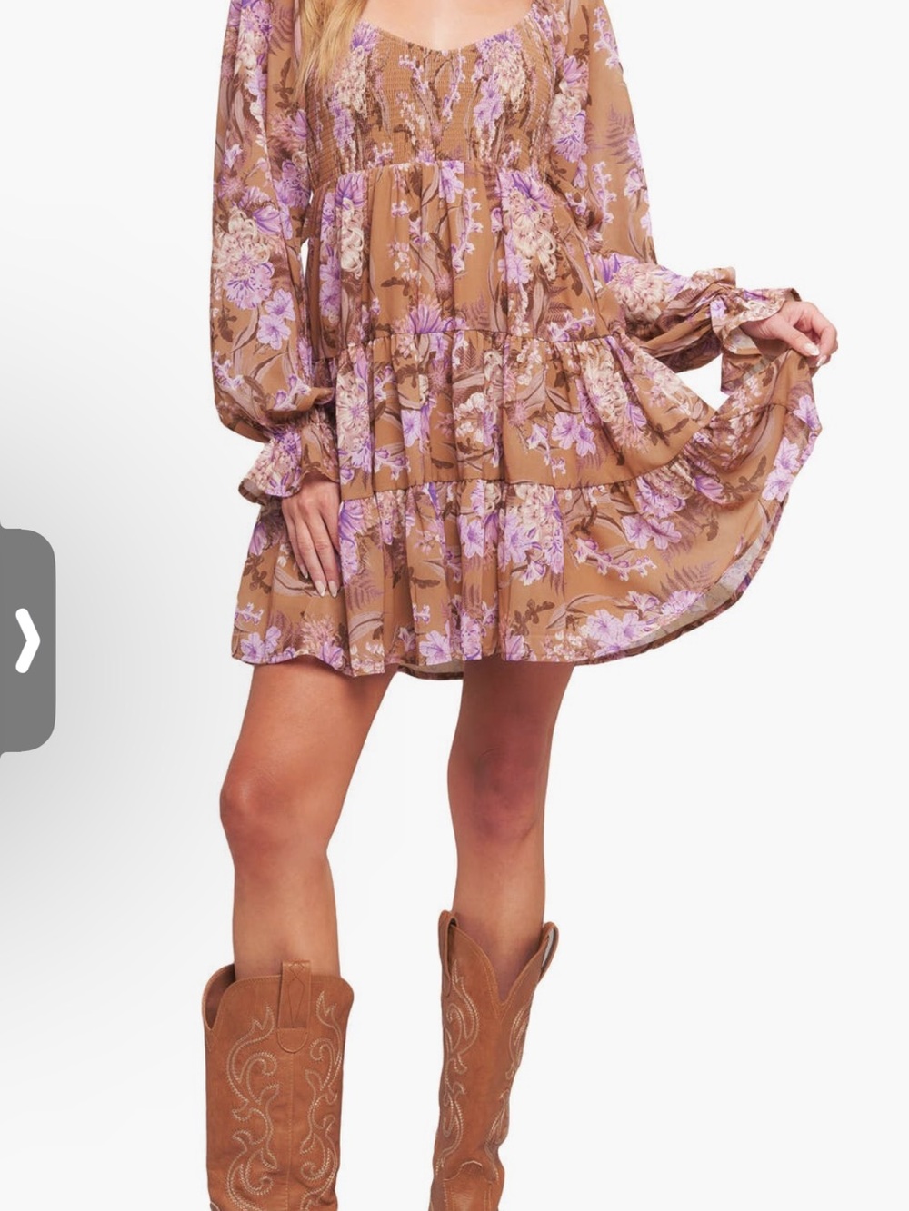 Flying Tomato Floral Babydoll Long-sleeve Dress Camel Lavender Sz Small NWT $169